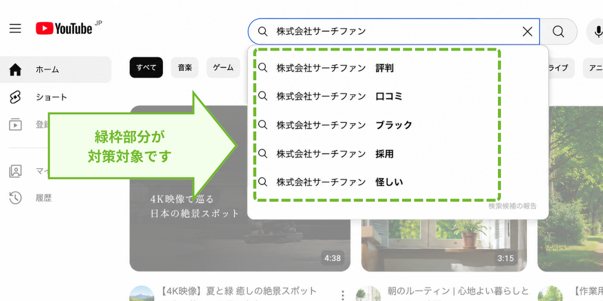 YouTubeのサジェスト（検索候補）における対策対象箇所